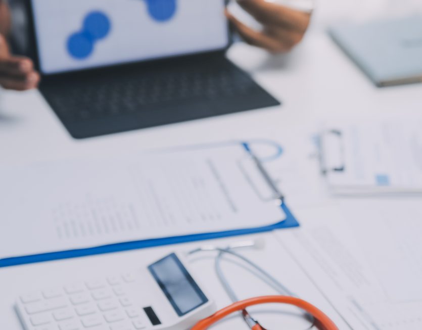 Meeting, tablet and team of doctors with collaboration for healt