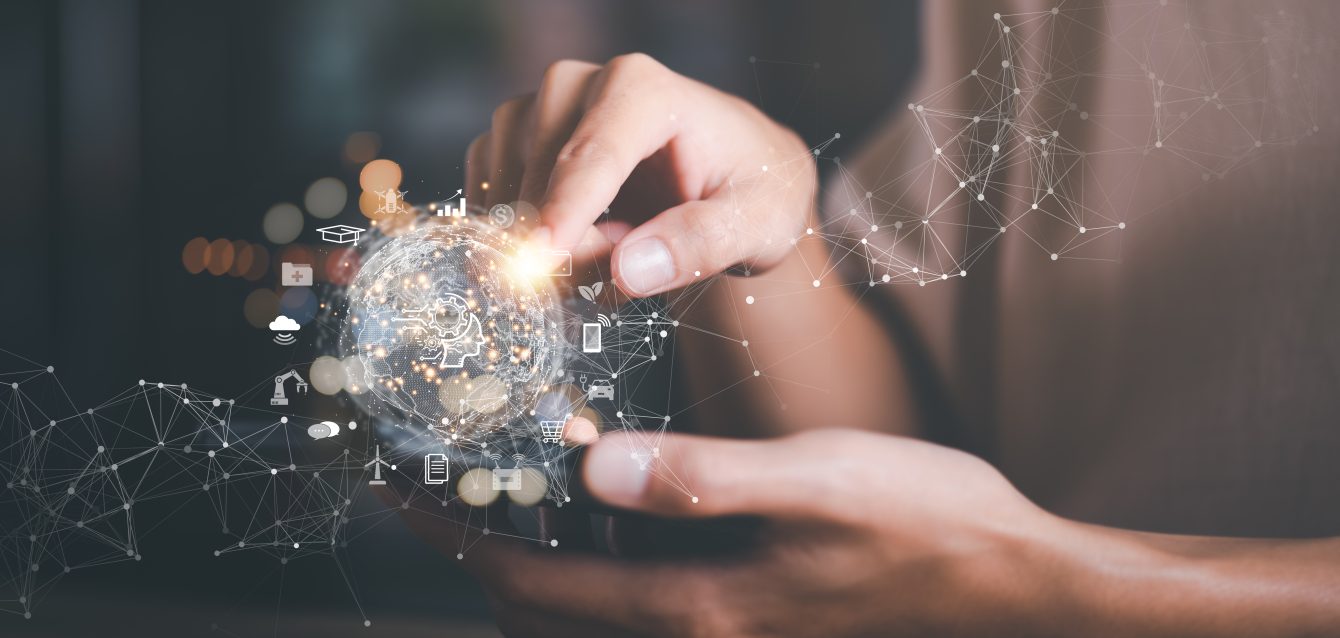 a man and virtual icon,modern cyberspace network technology conc Deep Learning in Healthcare , Deep Learning , medical deep learning models